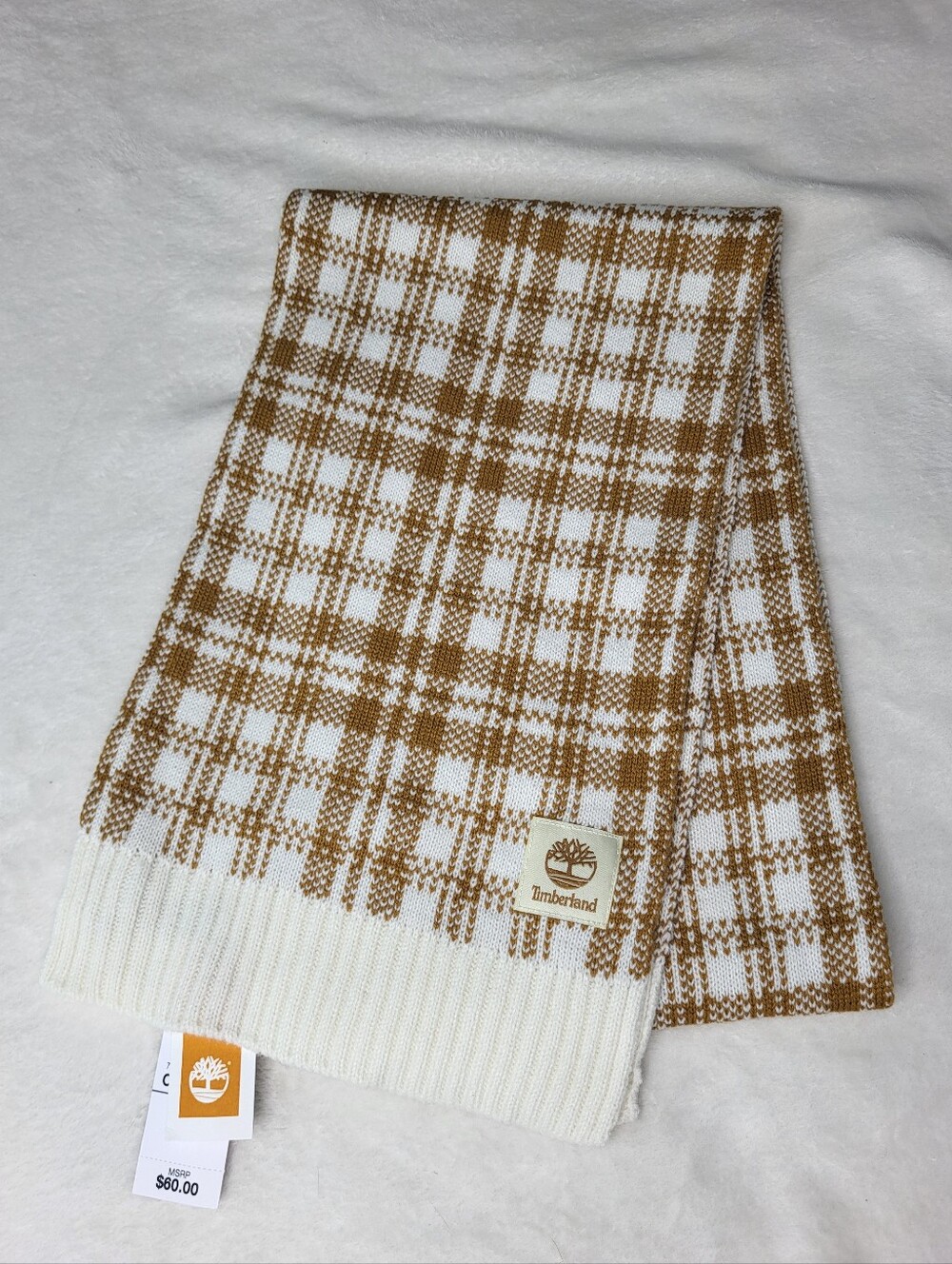 Timberland Cream and Brown Plaid Knit Scarf. Brand New With Tags.